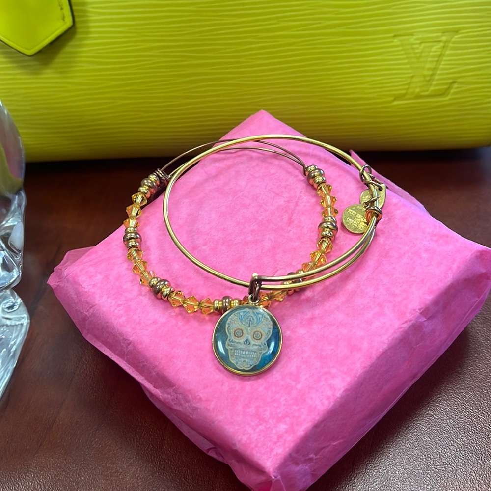 Alex + Ani sugar skull charm and gold beaded stacking bracelet set